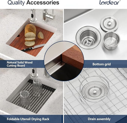 Lordear 12 Inch Undermount Bar Sink Workstation 16 Gauge T304 12 x 15 Stainless Steel Bar Kitchen Prep Single Bowl Small Kitchen Sink with Cutting Board