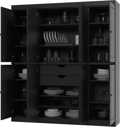 Palace Imports Solid Wood Pantry Storage - 71.5" Tall, 65" Wide Freestanding Utility Cabinet with 2-Drawer Kit & Adjustable Shelves – Black, Renewable Eco-Friendly 100% Wood, Made in Brazil