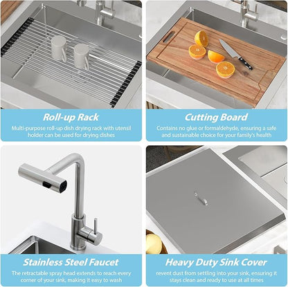 Kichae 25 Outdoor Kitchen Sink Drop In - 25" x 22" Stainless Steel Drop Sink 16 Gauge with Cover for Small Outdoor Kitchens, Bar Prep, and RV Use