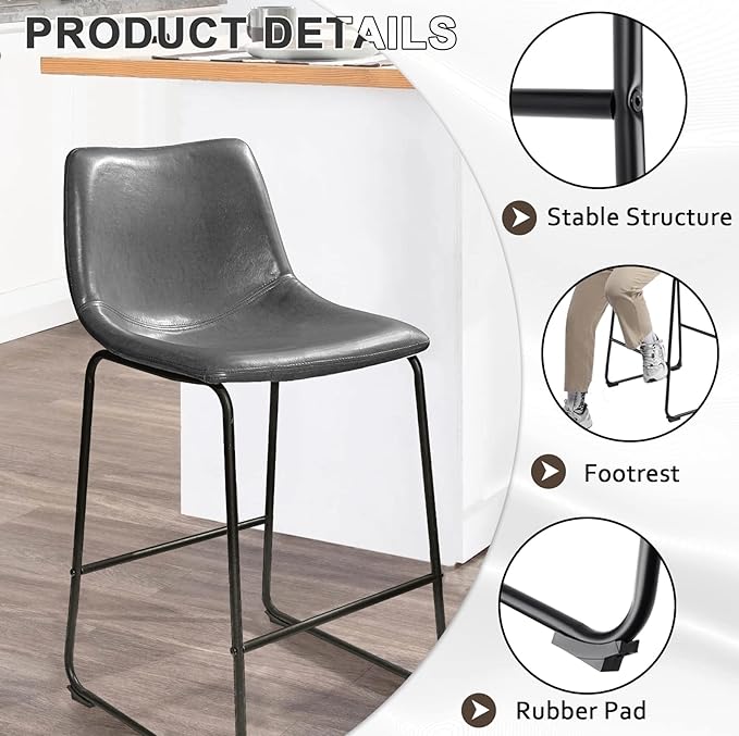 LEMBERI 26 inch Bar Stools Set of 2, Modern Counter Height Bar Stools, Faux Leather Barstool with Back and Metal Leg, Armless Bar Chairs for Kitchen Island (Grey, 2pcs 26")