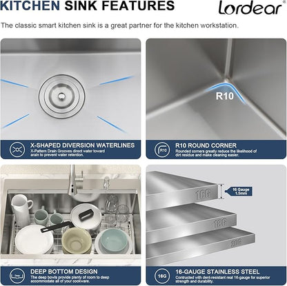 Lordear 33x22 Inch Drop In Kitchen Sink With Faucet - 33 Kitchen Sink With Faucet Combo Workstation 16 Gauge Stainless Steel Single Bowl Topmount Basin with All Accessories, 33x22x10 Inch