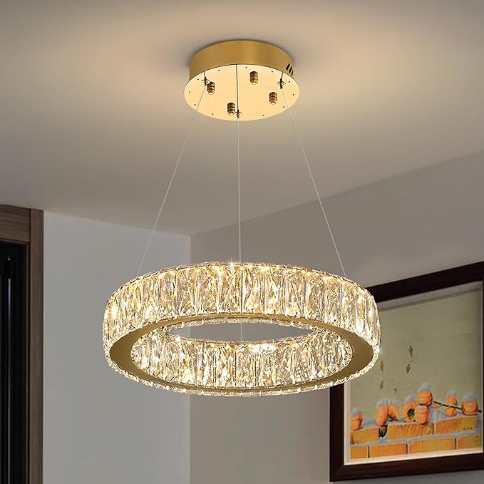Modern LED Ring Pendant Light Dimmable Crystal Chandelier 15.7" Gold Crystal Chandelier for Dining Room Living Room