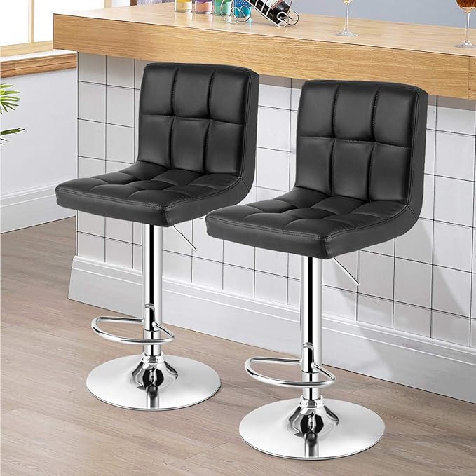 COSTWAY Adjustable Bar Stools Set of 4, Modern Swivel PU Leather Bar Chair with Backrest, Soft Cushioned Seat, Footrest, Sturdy Metal Frame, Comfortable Barstools for Kitchen Island, Pub, Black