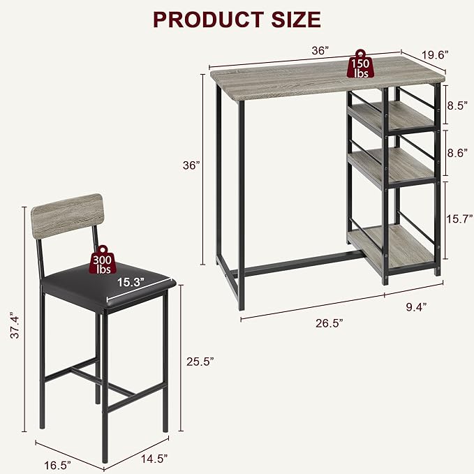 Bar Table and Chair Set with Three Shelves Small 2-Person Dining Table with 2 upholstered stools with backrests Suitable for Restaurants and bistros - Gray
