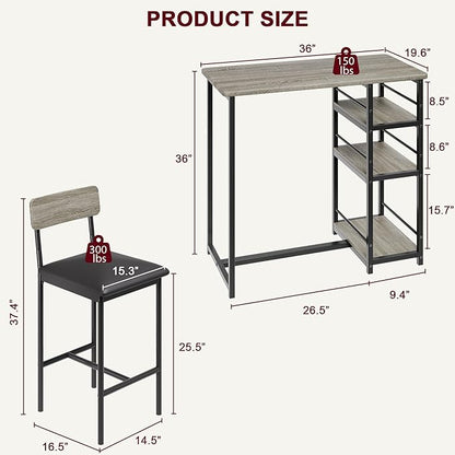 Bar Table and Chair Set with Three Shelves Small 2-Person Dining Table with 2 upholstered stools with backrests Suitable for Restaurants and bistros - Gray