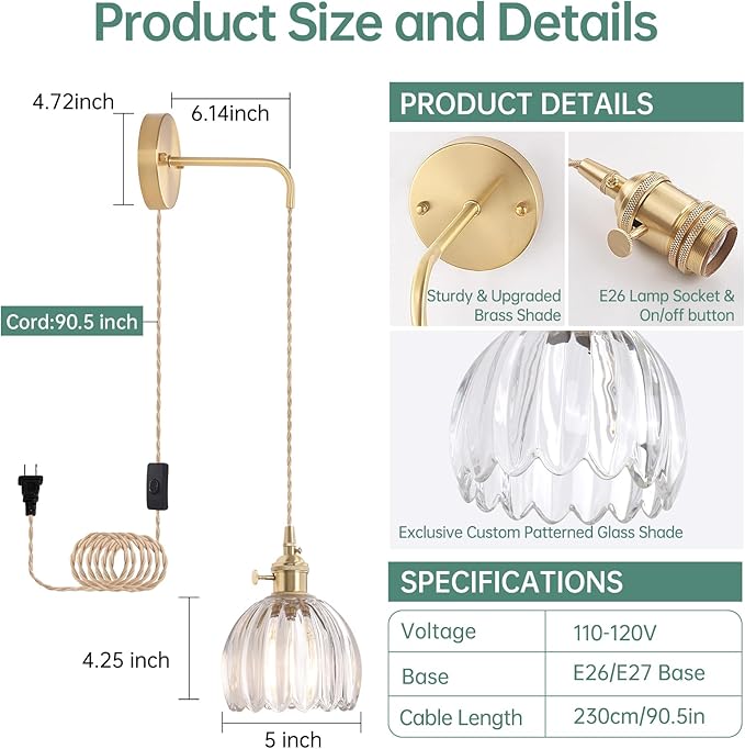 Shenmoyl Vintage Wall Sconce Wall Lamp with Clear Tulip Glass Shade Hanging Wall Sconce with 4.9FT Plug in Cord, Modern Wall Lamp Fixtures Decor for Bedside Bedroom Indoor Doorway