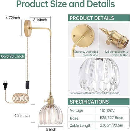 Shenmoyl Vintage Wall Sconce Wall Lamp with Clear Tulip Glass Shade Hanging Wall Sconce with 4.9FT Plug in Cord, Modern Wall Lamp Fixtures Decor for Bedside Bedroom Indoor Doorway