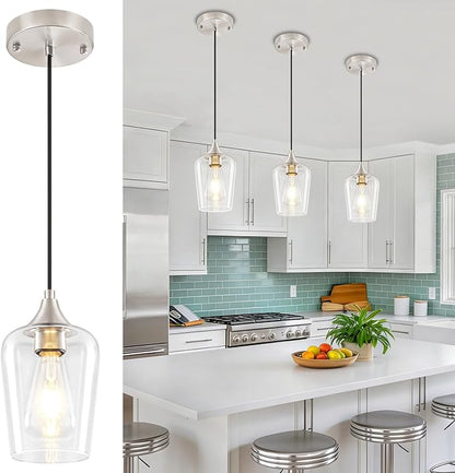 3 Pack Brushed Nickel Pendant Lights Kitchen Island, Modern Glass Pendant Lighting Over Island, Kitchen Hanging Light Fixtures Over Sink Adjustable Mini Pendant Lights for Bathroom Dining Room Hallway