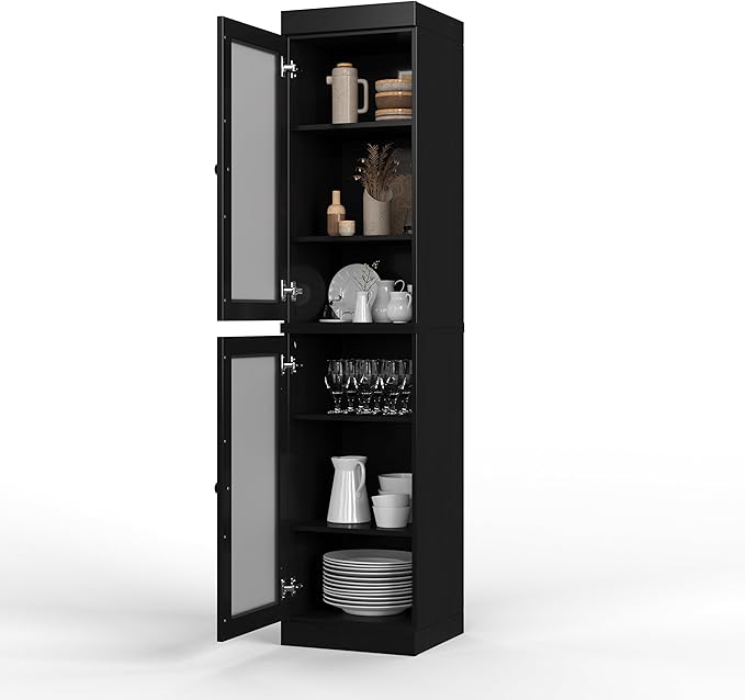 Palace Imports Solid Wood Kitchen Pantry Cabinet w/Frosted Glass Doors - Narrow Storage Cabinet - 16.5" Wide x 71.5" Tall - Black, Adjustable Shelves, 100% Eco-Friendly Wood, Modular Cabinets