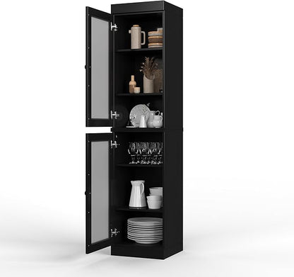 Palace Imports Solid Wood Kitchen Pantry Cabinet w/Frosted Glass Doors - Narrow Storage Cabinet - 16.5" Wide x 71.5" Tall - Black, Adjustable Shelves, 100% Eco-Friendly Wood, Modular Cabinets