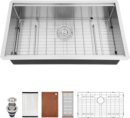 30 Undermount Sink Stainless Steel- Fuyuoer 30 Inch Kitchen Sink Workstation 16 Gauge Stainless Steel Single Bowl Round Corner Handmade Deep Basin Kitchen Sinks, 30x19x9 Inch