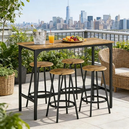 5-Piece Counter Height Bar Table and Chairs Set – Industrial Rustic Brown Wood & Black Metal Frame Dining Furniture for 4 – Space-Saving Kitchen Island with Stools