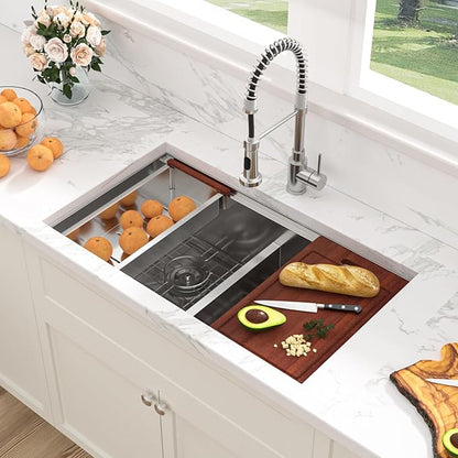 33 Undermount Double Kitchen Sink - Sarlai 33 Inch Kitchen Sink Stainless Steel 16 Gauge Undermount Ledge Workstation Double Basin 50/50 Low Divide Under Counter Sinks Basin