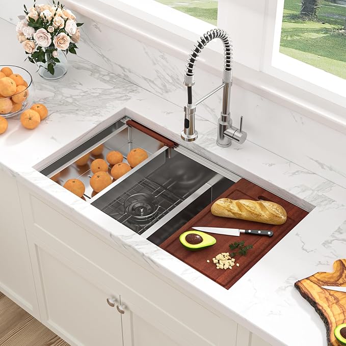 Sarlai 32 Undermount Kitchen Sink Double Bowl- 32x19 Inch Double Undermount Sink Stainless Steel 16 Gauge Ledge Workstation Low Divide Under Counter 50/50 Basin Kitchen Sinks