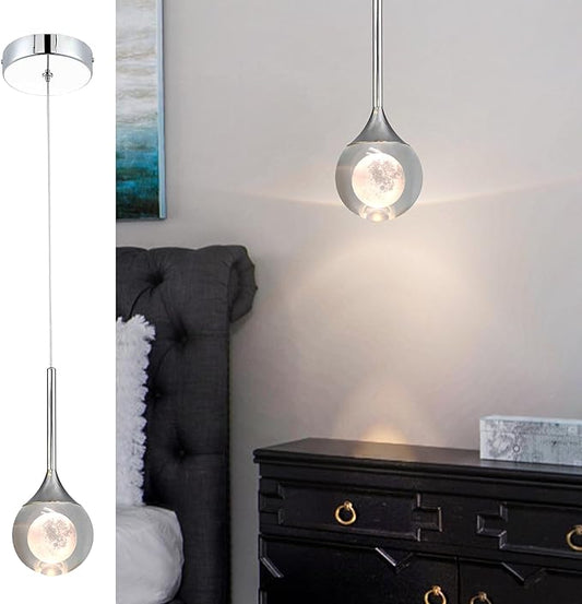 Modern Crystal Moon Pendant Light, Chrome Dimmable Natural White (3000K) LED Hanging Light Fixture for Kitchen Island, Dining Room, Bar, Bedroom