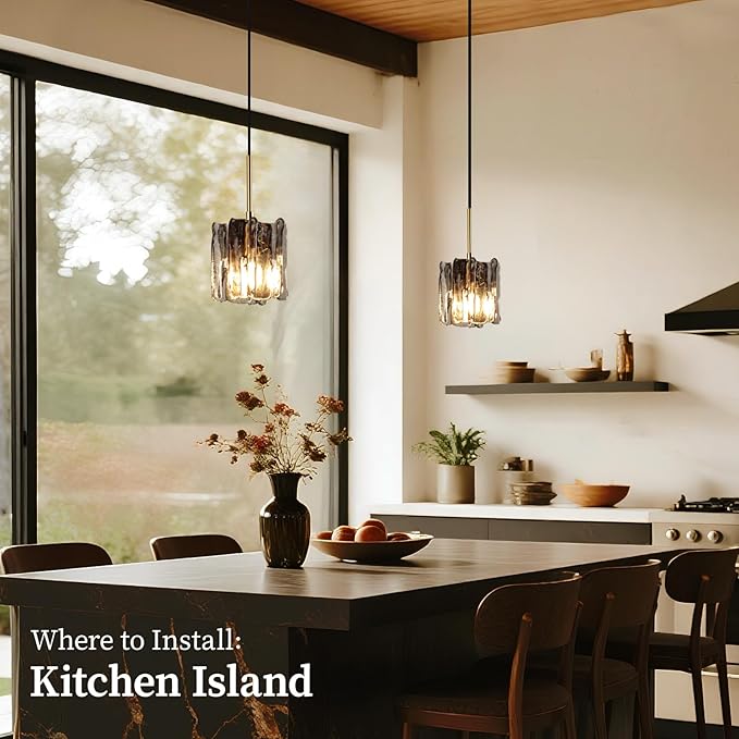 Modern Vintage Mid-Century Single Pendant Light, Mini Hanging Smoked Ice-Textured Glass Ceiling Light Fixture for Kitchen Island Lighting Over Dining Room, Bedroom, Bar Lamp