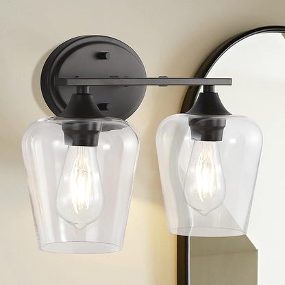 JONATHAN Y 15.75" Oil Rubbed Bronze 2-Light Farmhouse Rustic LED Vanity Light Sconce, Clear Glass Shade, Vintage Indoor Fixture for Bathroom Mirror, LED Bulb Included (JYL7546A)