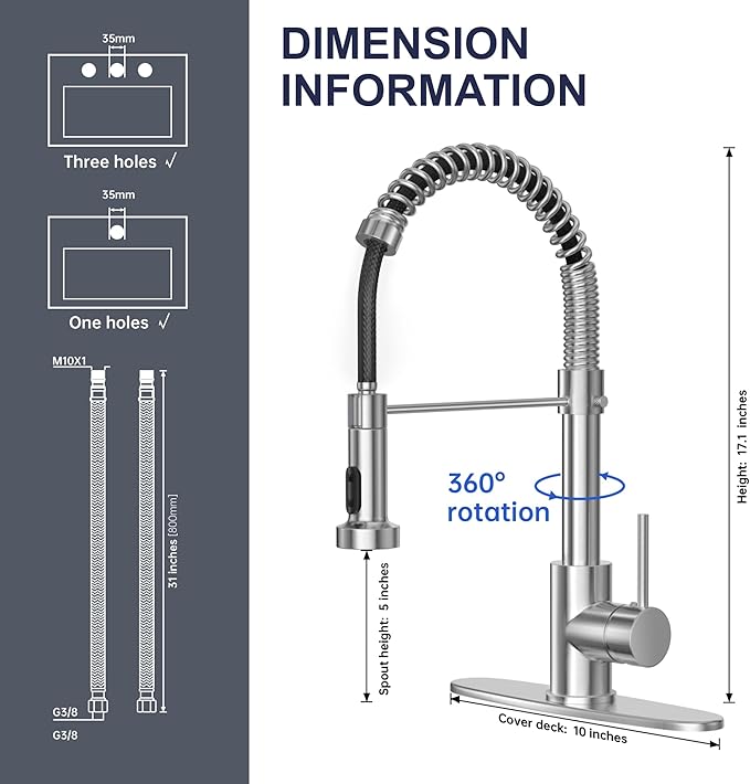 Brushed Nickel Kitchen Faucet with Pull Down Sprayer, Stainless Steel Spring Commercial Kitchen Sink Faucet with 10-Inch Deck,1 or 3 Hole Installation for Farmhouse, RV Camper, Laundry & Utility Sink