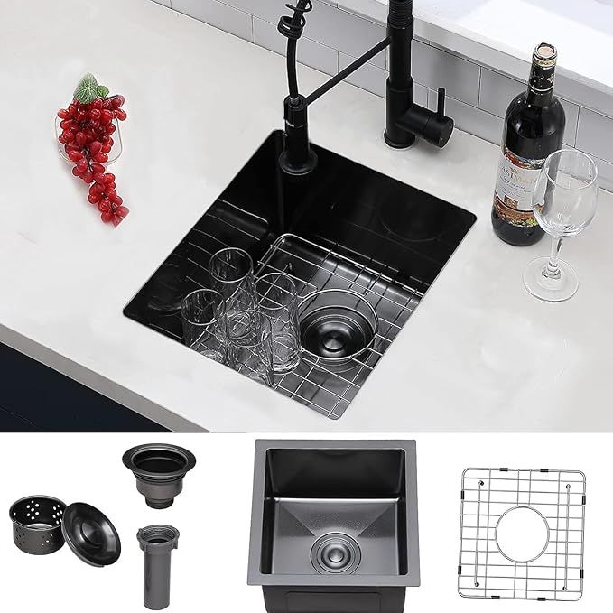 VCCUCINE Gunmetal Black Undermount Bar Sink, 15x17 Inch RV Small Single Bowl Kitchen Sink, Outdoor Stainless Steel Wet Bar Prep Sink with Drain