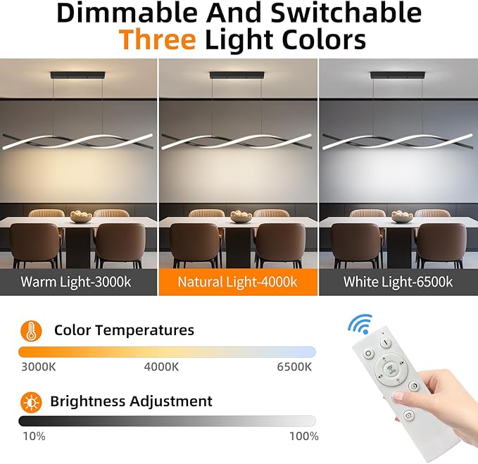 Modern LED Ceiling Pendant Light, 39IN Modern Chandelier with Remote Control 3000k-6500K Adjustable Color Temperature, Aluminum Island Lighting Lamp for Dining Room, Living Room, Island