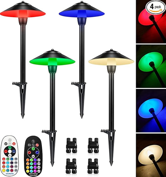 SUNVIE RGBW Low Voltage Pathway Lights 3W Color Changing Landscape Lights 12-24V Multi-Color Path Lights Waterproof for Yard Garden Walkway Holiday Landscape Path Lighting ETL Listed Cord, 4 Pack