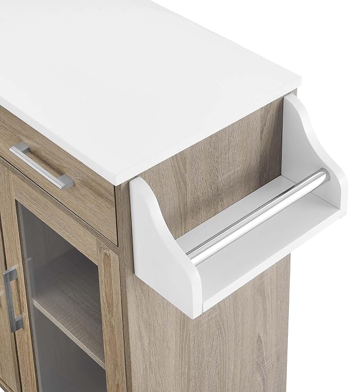 Modway Cuisine Rolling Kitchen Cart with Storage in Oak White - Portable Island for Kitchen with Spice Rack, Perfect as a Coffee Bar Cabinet, Butcher Block Island or Kitchen Island on Wheels