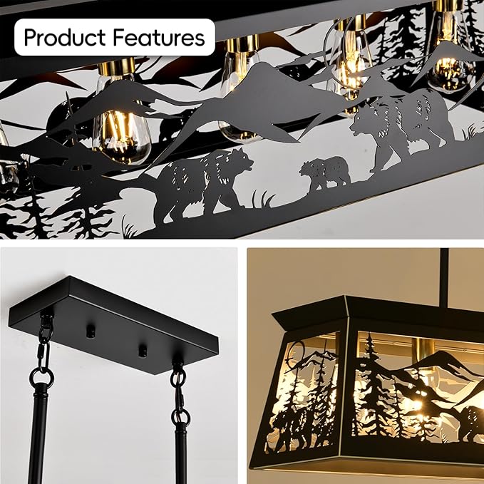 Rustic Dining Room Light Fixture, Bear Kitchen Island Lighting, 32-Inch 5-Light Black Rectangle Farmhouse Chandeliers, Adjustable Height Pendant Light for Kitchen Island, Dining Room Over Table