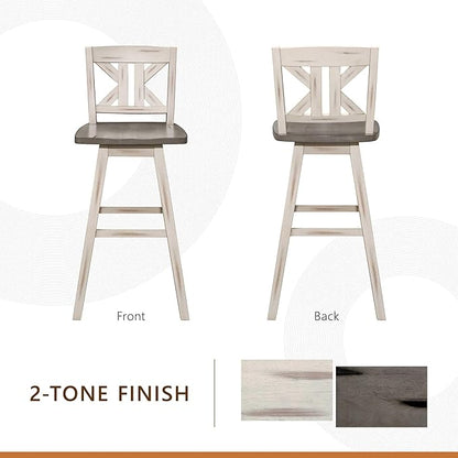 Lexicon Bar Height Bar Stools Set of 2-Solid Wood Frame 360° Swivel Wooden Stools, Foot Rest, KK Back, Wide Seat, Distressed Farmhouse Easy to Clean Finish, 28.5" SH, Antique White/Grey