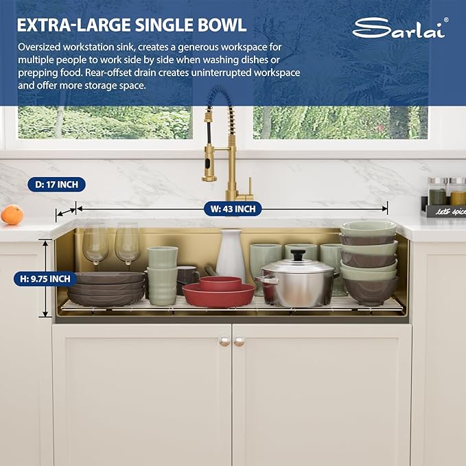 Sarlai 45 Gold Undermount Kitchen Sink - 45x19 Inch Gold Kitchen Sink Workstation Ledge NANO-Tech Sinks Round Corner 16 Gauge Stainless Steel Single Bowl Basin
