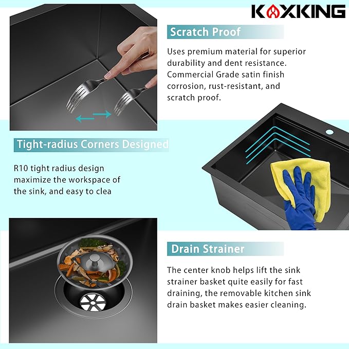 25x22 Inch Black Stainless Steel Kitchen Sink - Single Bowl Topmount Drop-In, 18 Gauge with Bottom Grid & Drain Strainer