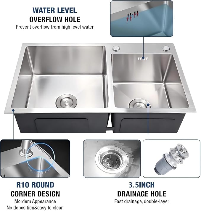 Modern Kitchen Sink Nano-Coated 30.7x16.9 Inch Stainless Steel Kitchen Sink, Drop in & Topmount Double Bowl Sinks with Drainage Pipes and Fruit Baskets