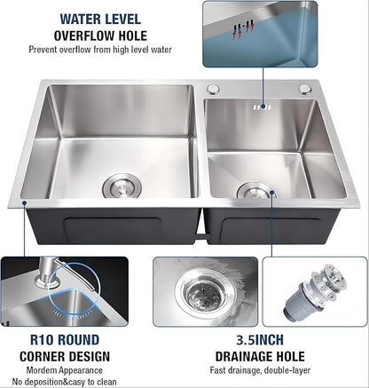 Modern Kitchen Sink Nano-Coated 30.7x16.9 Inch Stainless Steel Kitchen Sink, Drop in & Topmount Double Bowl Sinks with Drainage Pipes and Fruit Baskets