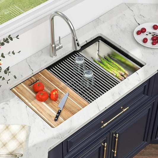 Kichae 33 Granite Composite Kitchen Sink - 33"x19" Granite Kitchen Sink Ledge Workstation Undermount Black Quartz 10" Deep Under Counter Single Bowl Sink Basin