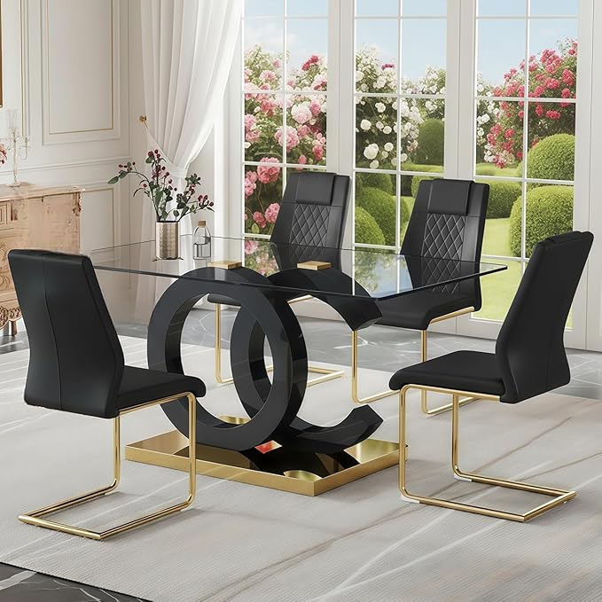 Ebullient 63" Modern Glass Dining Table for 6, Black OC-Shape Pedestal & Gold Base, Rectangular Tempered Glass Kitchen Table for Dining Room