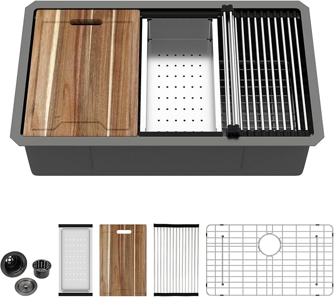 Kichae 28 Black Kitchen Sink Undermount Workstation - 28x18 Gunmetal Black Stainless Steel Undermount Kitchen Sink 16 Gauge Deep Single Bowl Basin Round Corner