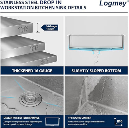 Logmey 36 Inch Drop in Workstation Kitchen Sink,16 Gauge SUS304 Stainless,36x22x9 Large Single Bowl Sinks for Effortless Meal Prep & Baking,Complete All-In-One Sink Kit
