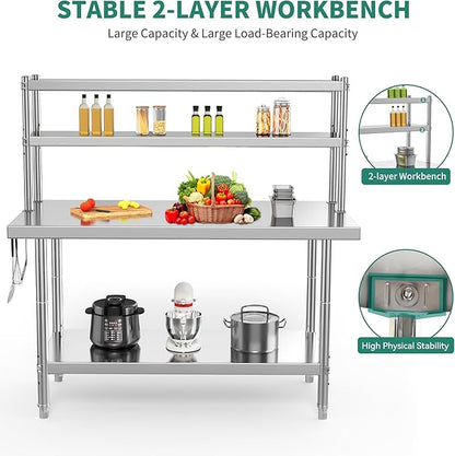 YITAHOME NSF Stainless Steel Table with Overshelves, 48" X 24" Work Table with 48" X 12" Shelf, Metal Table Prep Table for Home Kitchen Restaurant Garage Warehouse
