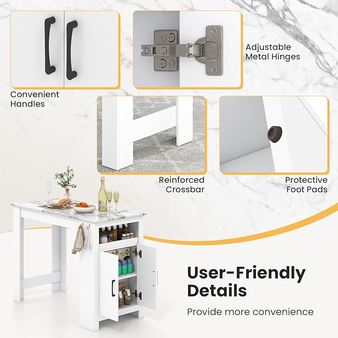 Giantex Counter Height Dining Table with 7 Hanging Hooks, Compartment, Cabinet & Adjustable Shelf, Faux Marble Tabletop, Bar Table for Pub Kitchen Small Space (White, 47"x23.5"x35.5")