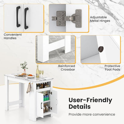 Giantex Counter Height Dining Table with 7 Hanging Hooks, Compartment, Cabinet & Adjustable Shelf, Faux Marble Tabletop, Bar Table for Pub Kitchen Small Space (White, 47"x23.5"x35.5")