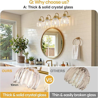 4-Light Bathroom Light Fixtures, 27" Brushed Gold Vanity Lights for Bathroom with Ribbed Clear Tulip Glass Shade, Vintage Bathroom Vanity Lighting Fixtures Over Mirror for Bedroom Living Room Hallway
