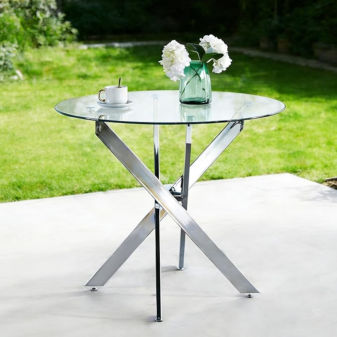 Round Glass Dining Table 35.4'' Inch Modern Round Kitchen Table with Metal Legs Durable Stylish Dinner Table for Dining Room Kitchen