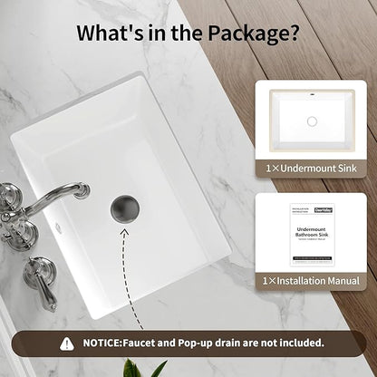 DeerValley 18 x 13.5 Inch Undermount Bathroom Sink, White Ceramic Under Counter Bathroom Sinks, Modern Lavatory Vanity Bath Wash Bowl Basin with Overflow