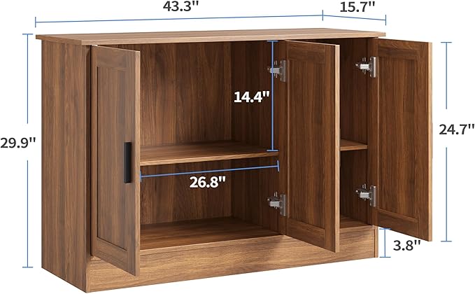 Anystyle 43" Rustic Brown Buffet Cabinet with Black Handles, Small Kitchen Sideboard with 3 Doors & Adjustable Shelves, Industrial Entryway Credenza & TV Console Table for Living Room, Dining Room