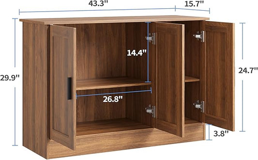 Anystyle 43" Rustic Brown Buffet Cabinet with Black Handles, Small Kitchen Sideboard with 3 Doors & Adjustable Shelves, Industrial Entryway Credenza & TV Console Table for Living Room, Dining Room