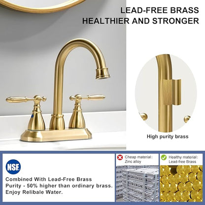 Brushed Gold Bathroom Faucet with Pop-up Drain Assembly, 2 Handles Centerset Bathroom Sink Faucet 4 Inch with 360° Swivel Spout, Stainless Steel Faucet for Vanity Sink with Water Supply Lines