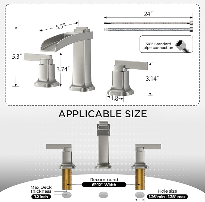 FORIOUS Brass Bathroom Faucets 3 Hole, Modern Waterfall Widespread 8 Inch Brushed Nickel Bathroom Sink Faucet with Metal Pop-up Drain and Pre-Assembled Hose for Vanity, Restroom, Bathtub