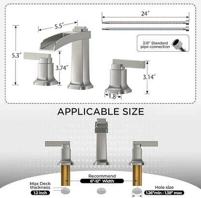 FORIOUS Brass Bathroom Faucets 3 Hole, Modern Waterfall Widespread 8 Inch Brushed Nickel Bathroom Sink Faucet with Metal Pop-up Drain and Pre-Assembled Hose for Vanity, Restroom, Bathtub