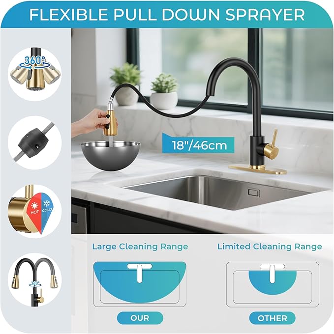 Kitchen Faucet with Pull Down Sprayer - Gold & Black Single Handle Kitchen Faucets, High Arc Stainless Steel Pull Out Kitchen Sink Faucet with Deck for RV Laundry Farmhouse Bar