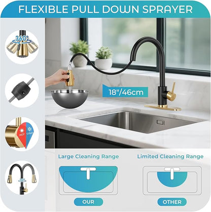 Kitchen Faucet with Pull Down Sprayer - Gold & Black Single Handle Kitchen Faucets, High Arc Stainless Steel Pull Out Kitchen Sink Faucet with Deck for RV Laundry Farmhouse Bar