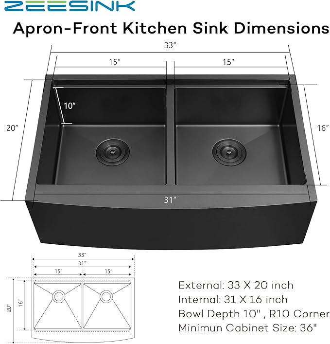 Black Farmhouse Sink 33" X 20",Black Kitchen Sink Double Bowl,33 inch Apron-Front Farmhouse Workstation Sinks,16 Gauge Stainless Steel Double Kitchen Sink